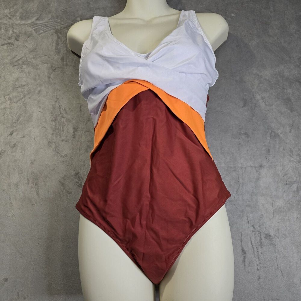 One Piece‎ Swimsuit Size M Brown White Orange Wide Strap High Back Padded Bra